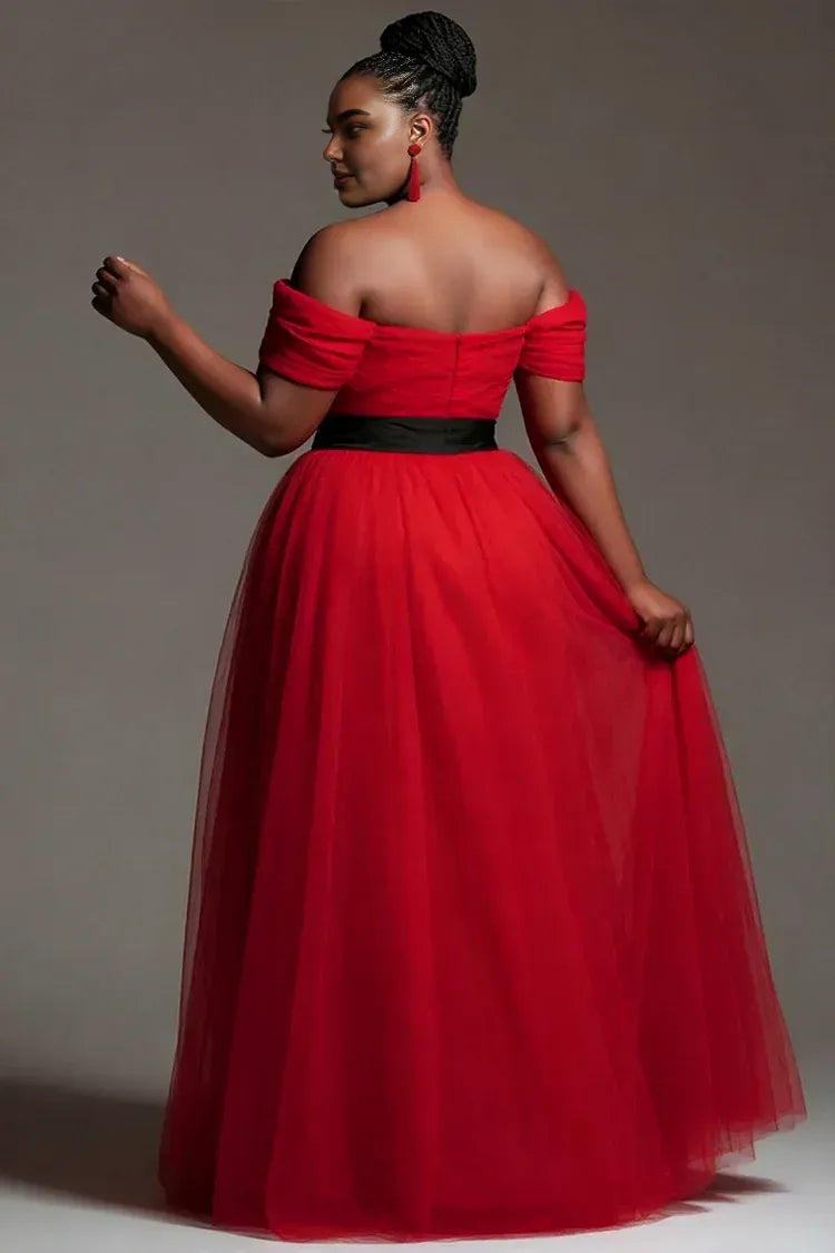 Elegant A-Line Off The Shoulder Sleeveless Pleated Tulle Floor Length Plus Size Prom Dress