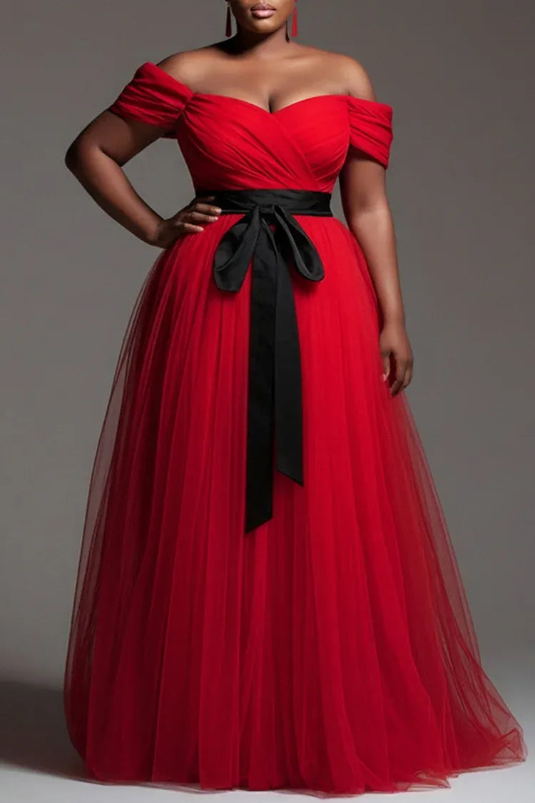 Elegant A-Line Off The Shoulder Sleeveless Pleated Tulle Floor Length Plus Size Prom Dress