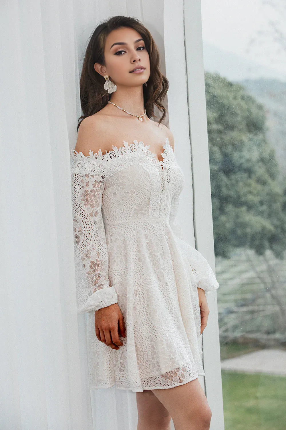 Elegant A-Line Off the Shoulder Long Sleeves Zipper Up Short-Mini Wedding Dress