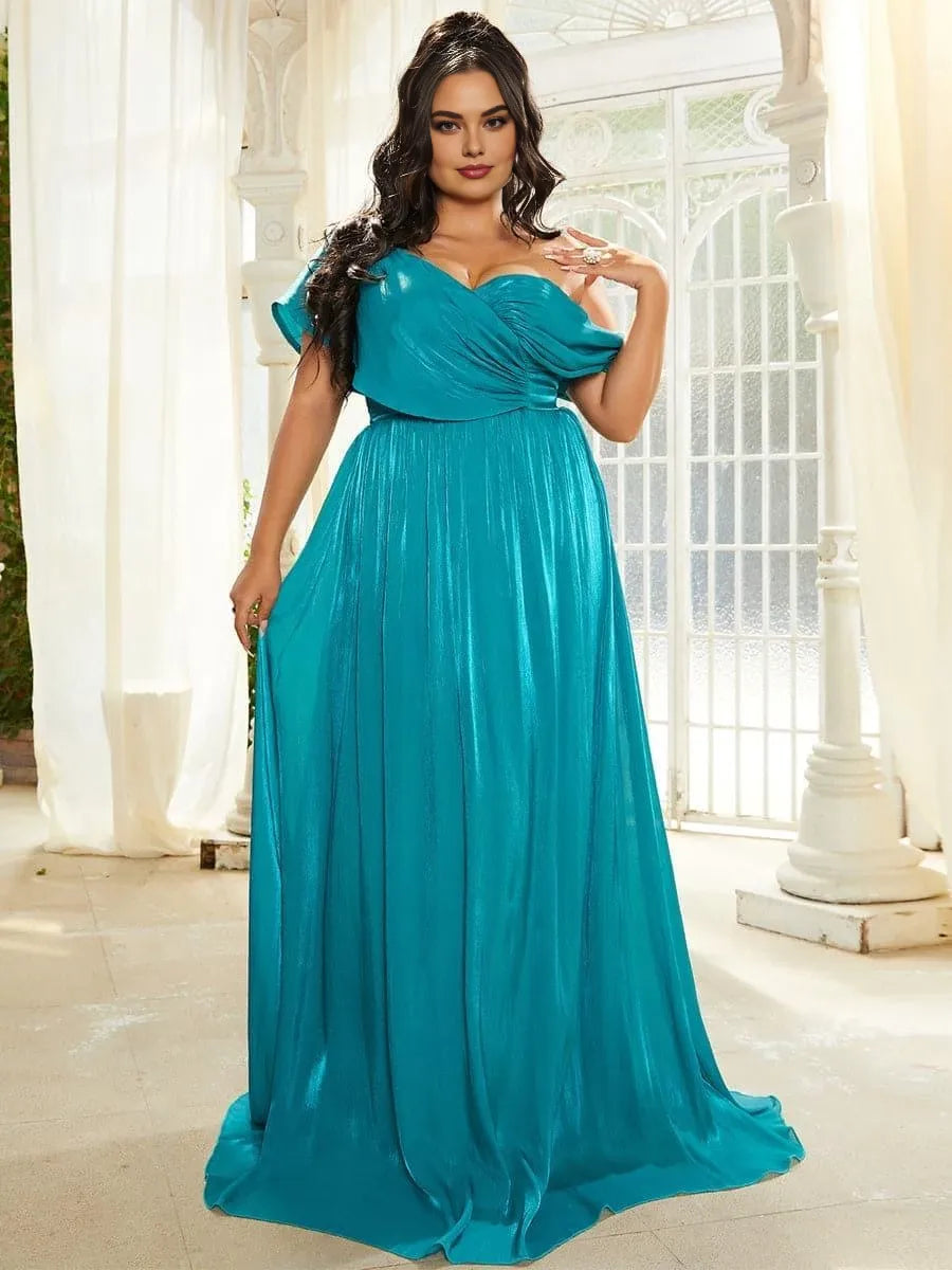 Elegant A-Line One-Shoulder Cap Sleeve Backless Floor-Length Plus Size Prom Dress