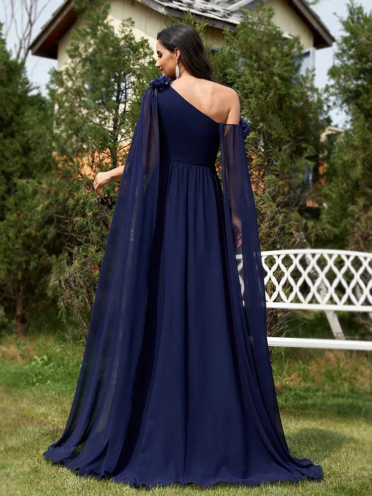 Elegant A-Line One Shoulder Cape Sleeve Chiffon Navy Blue Floor-Length Prom Dress