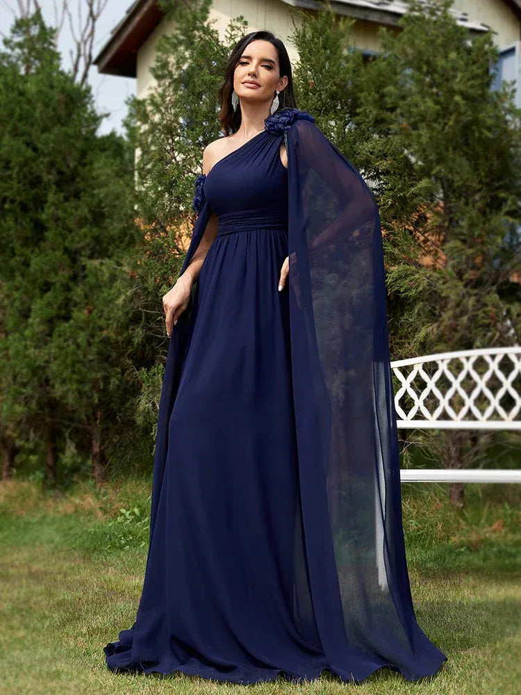 Elegant A-Line One Shoulder Cape Sleeve Chiffon Navy Blue Floor-Length Prom Dress