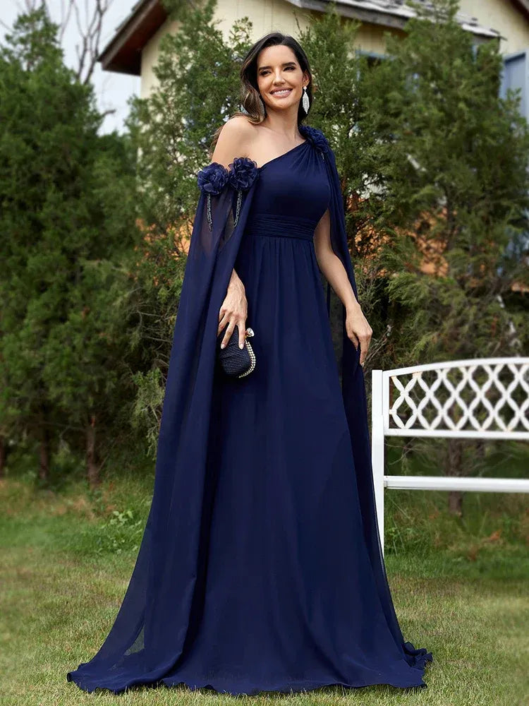Elegant A-Line One Shoulder Cape Sleeve Chiffon Navy Blue Floor-Length Prom Dress