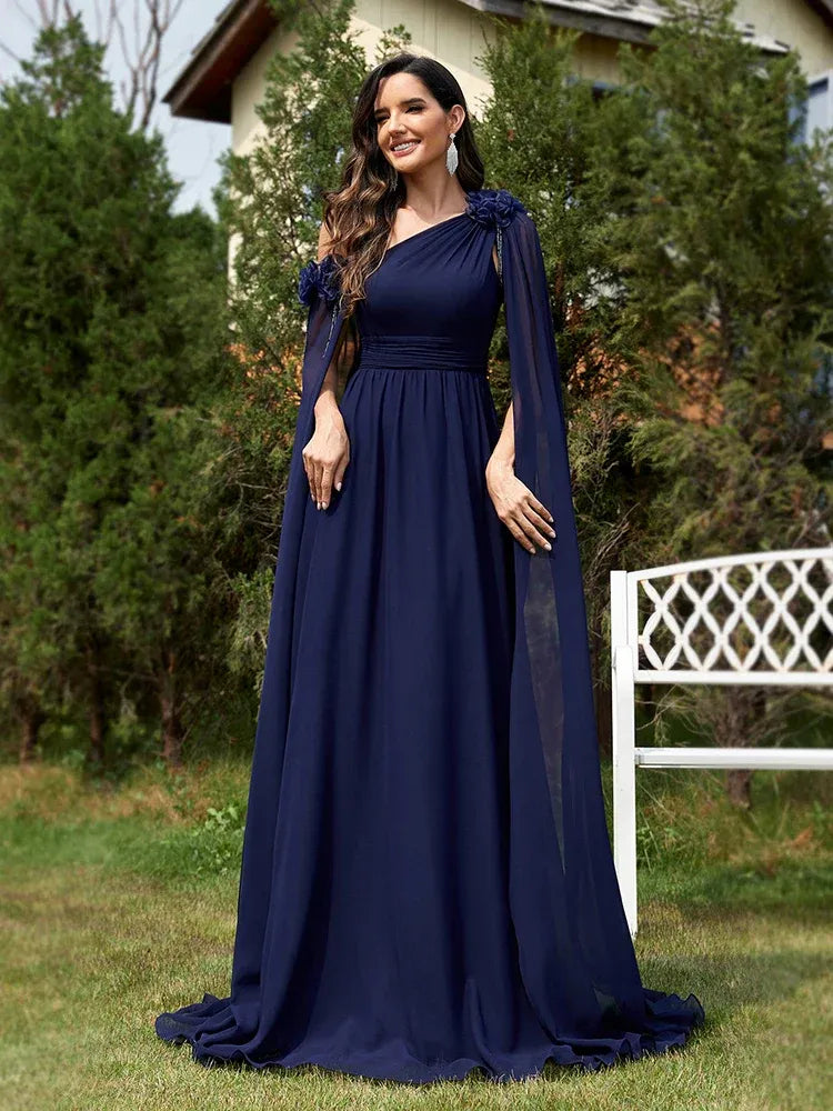 Elegant A-Line One Shoulder Cape Sleeve Chiffon Navy Blue Floor-Length Prom Dress