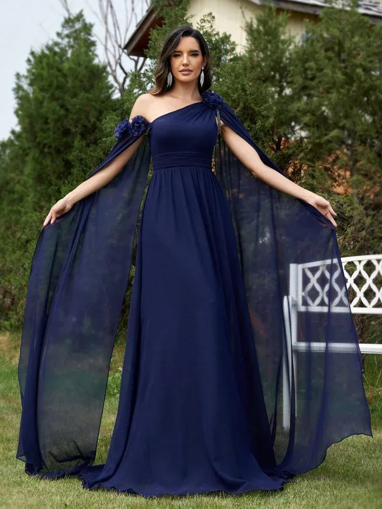 Elegant A-Line One Shoulder Cape Sleeve Chiffon Navy Blue Floor-Length Prom Dress