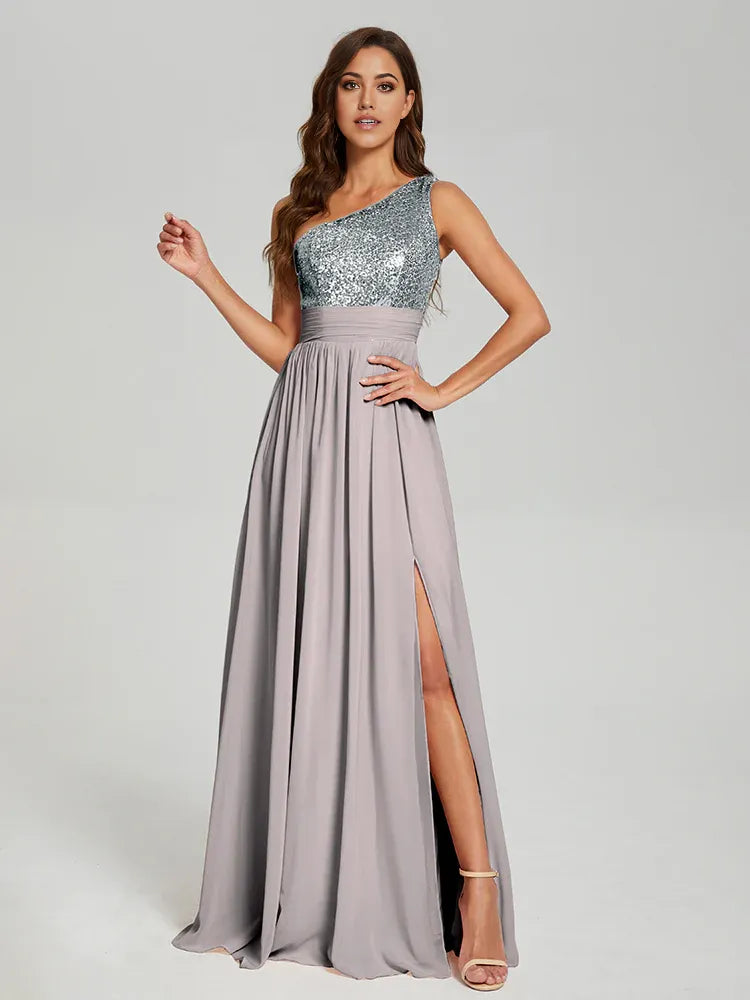 Elegant A-Line One Shoulder Sleeveless Zipper Up Floor-Length Prom Dress