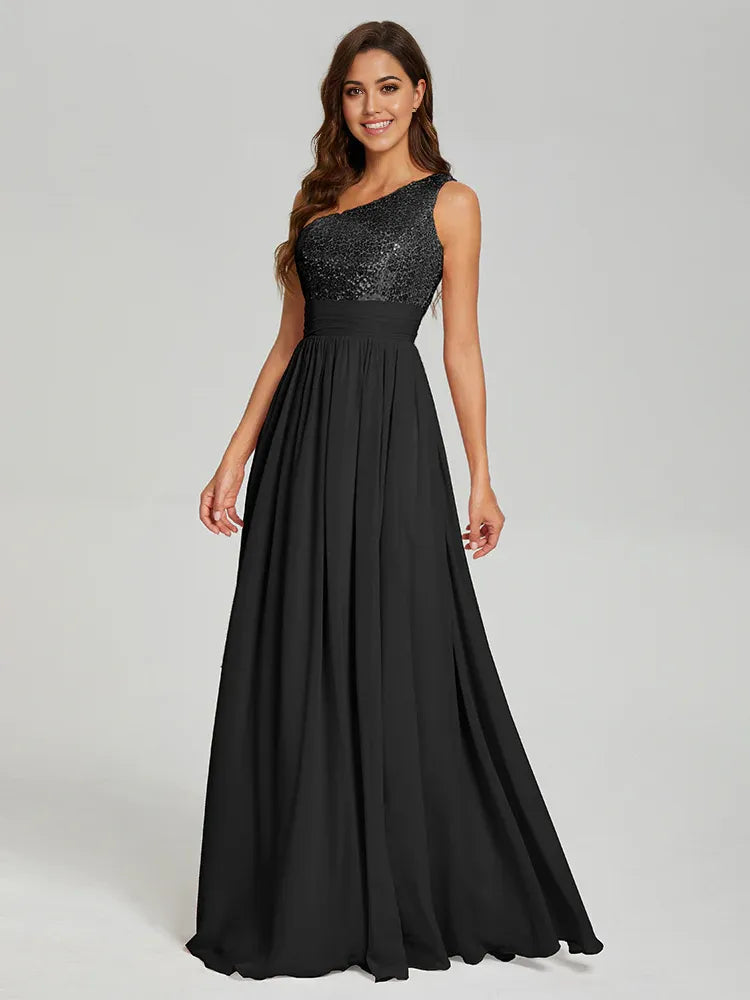 Elegant A-Line One Shoulder Sleeveless Zipper Up Floor-Length Prom Dress