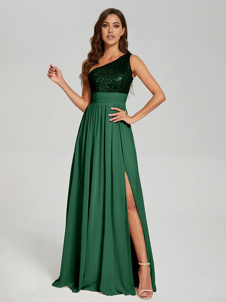 Elegant A-Line One Shoulder Sleeveless Zipper Up Floor-Length Prom Dress