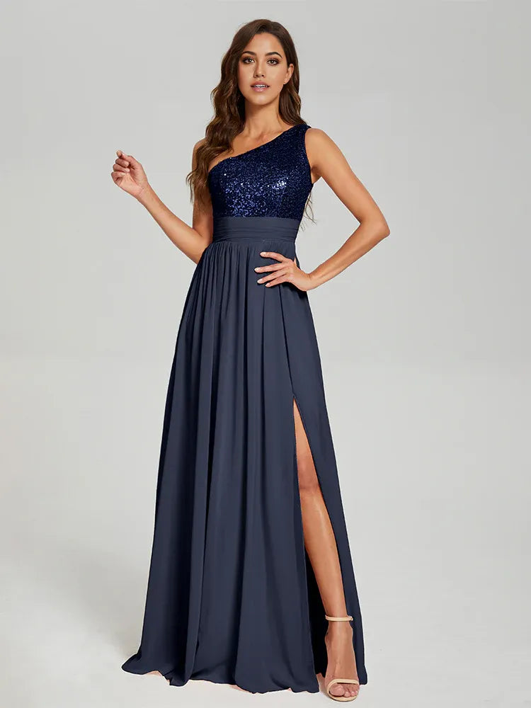 Elegant A-Line One Shoulder Sleeveless Zipper Up Floor-Length Prom Dress