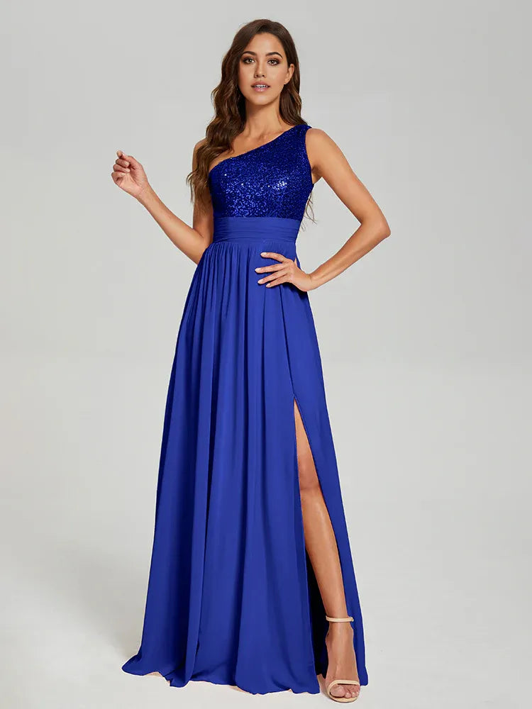 Elegant A-Line One Shoulder Sleeveless Zipper Up Floor-Length Prom Dress