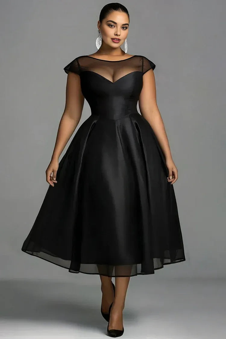 Elegant A-Line Round Neck Cap Sleeve Zipper Up Pleated Midi Length Prom Dress