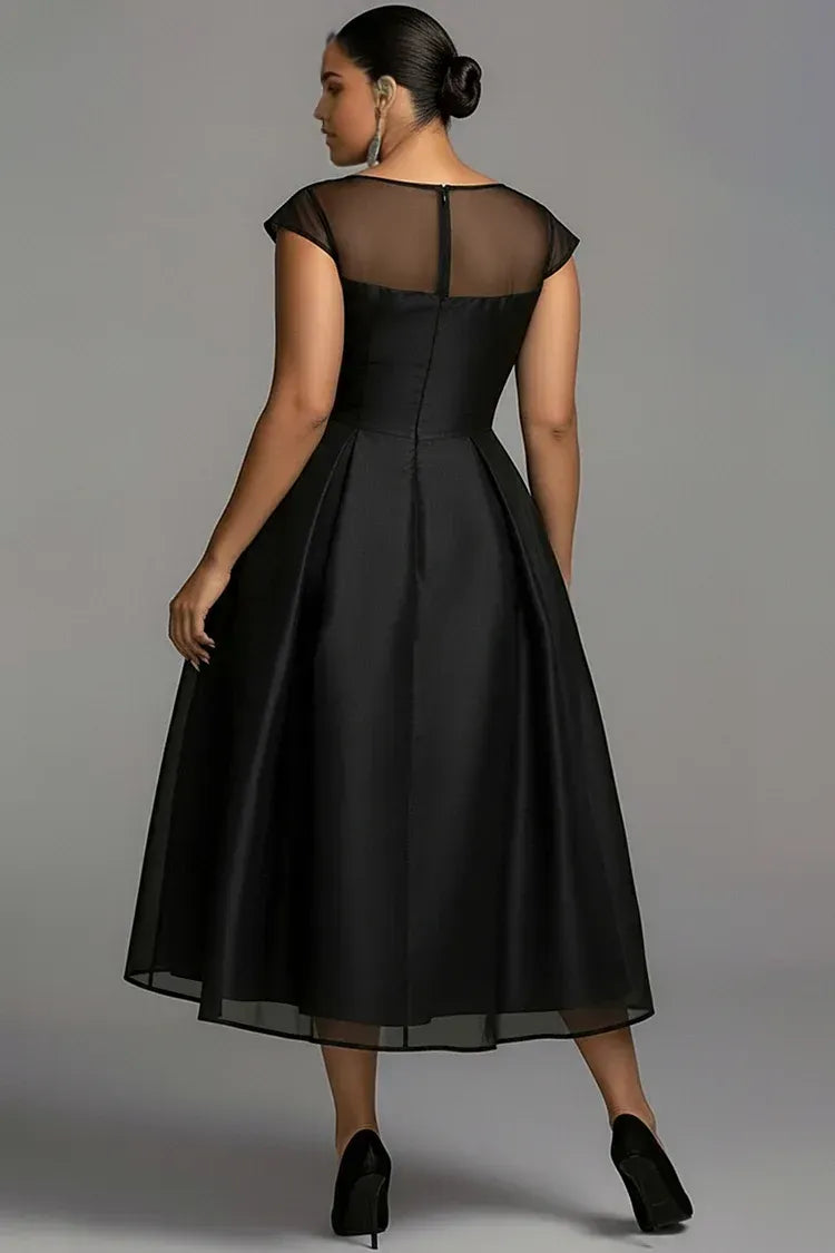 Elegant A-Line Round Neck Cap Sleeve Zipper Up Pleated Midi Length Prom Dress