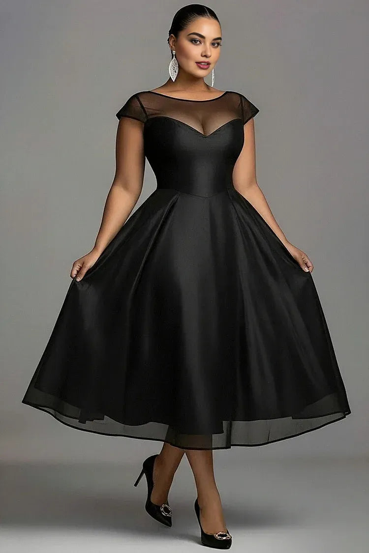 Elegant A-Line Round Neck Cap Sleeve Zipper Up Pleated Midi Length Prom Dress