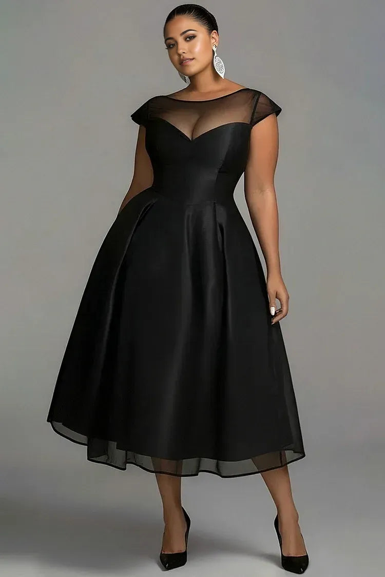 Elegant A-Line Round Neck Cap Sleeve Zipper Up Pleated Midi Length Prom Dress