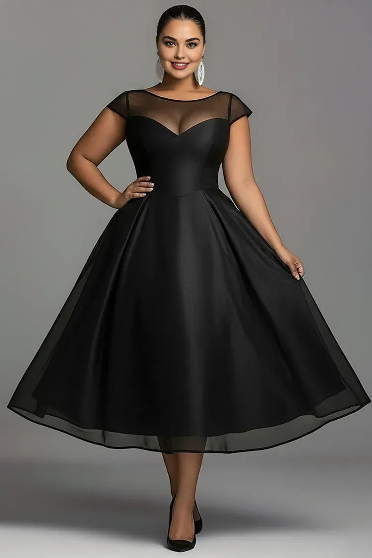 Elegant A-Line Round Neck Cap Sleeve Zipper Up Pleated Midi Length Prom Dress