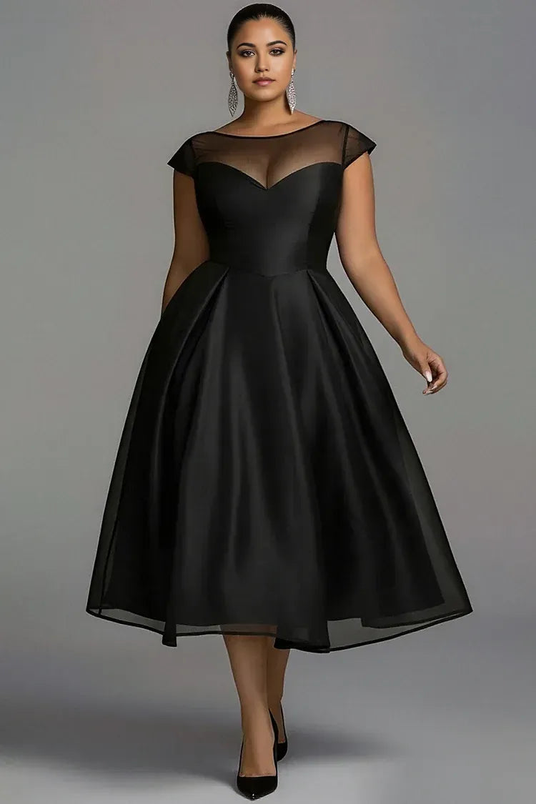 Elegant A-Line Round Neck Cap Sleeve Zipper Up Pleated Midi Length Prom Dress