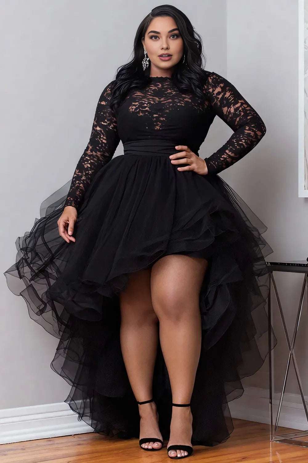 Elegant A-Line Round Neck Long Sleeve Ruffle Tulle Lace High Low Hem Plus Size Prom Dress