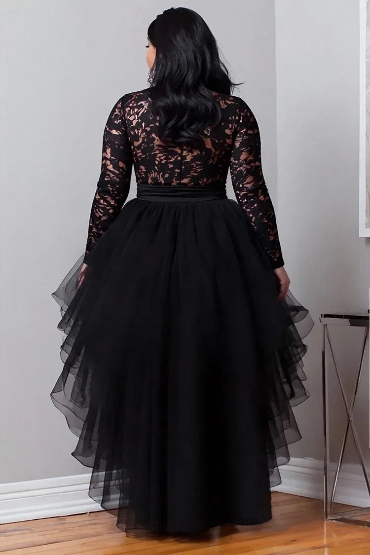 Elegant A-Line Round Neck Long Sleeve Ruffle Tulle Lace High Low Hem Plus Size Prom Dress