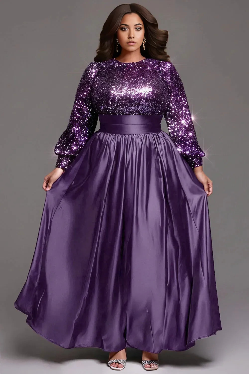 Elegant A-Line Round Neck Long Sleeve Sequins Floor Length Plus Size Prom Dress