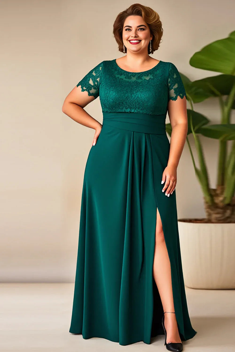 Elegant A-Line Round Neck Short Sleeves Zipper Up Floor-Length Plus Size Mother of the Bride Dress