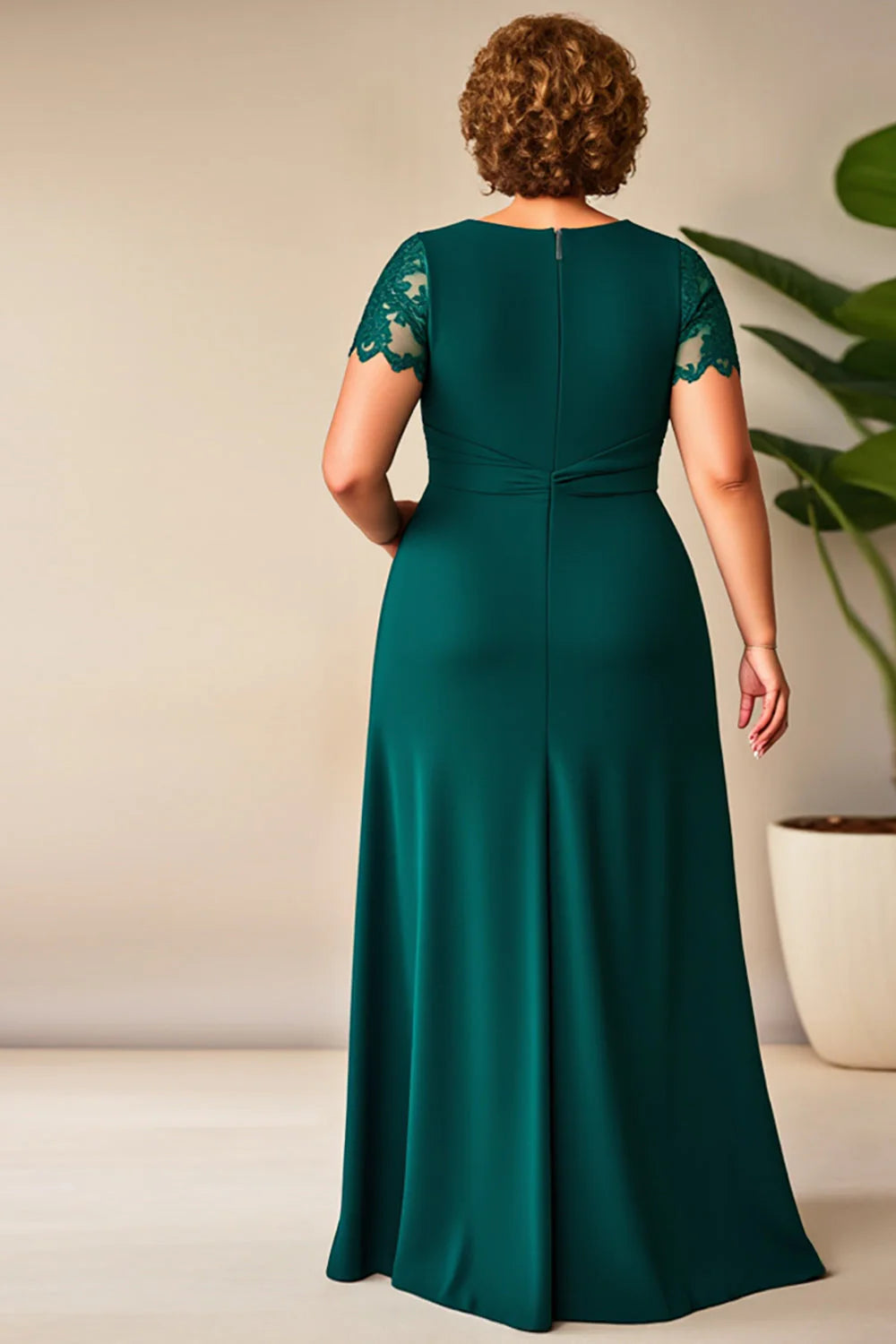 Elegant A-Line Round Neck Short Sleeves Zipper Up Floor-Length Plus Size Mother of the Bride Dress