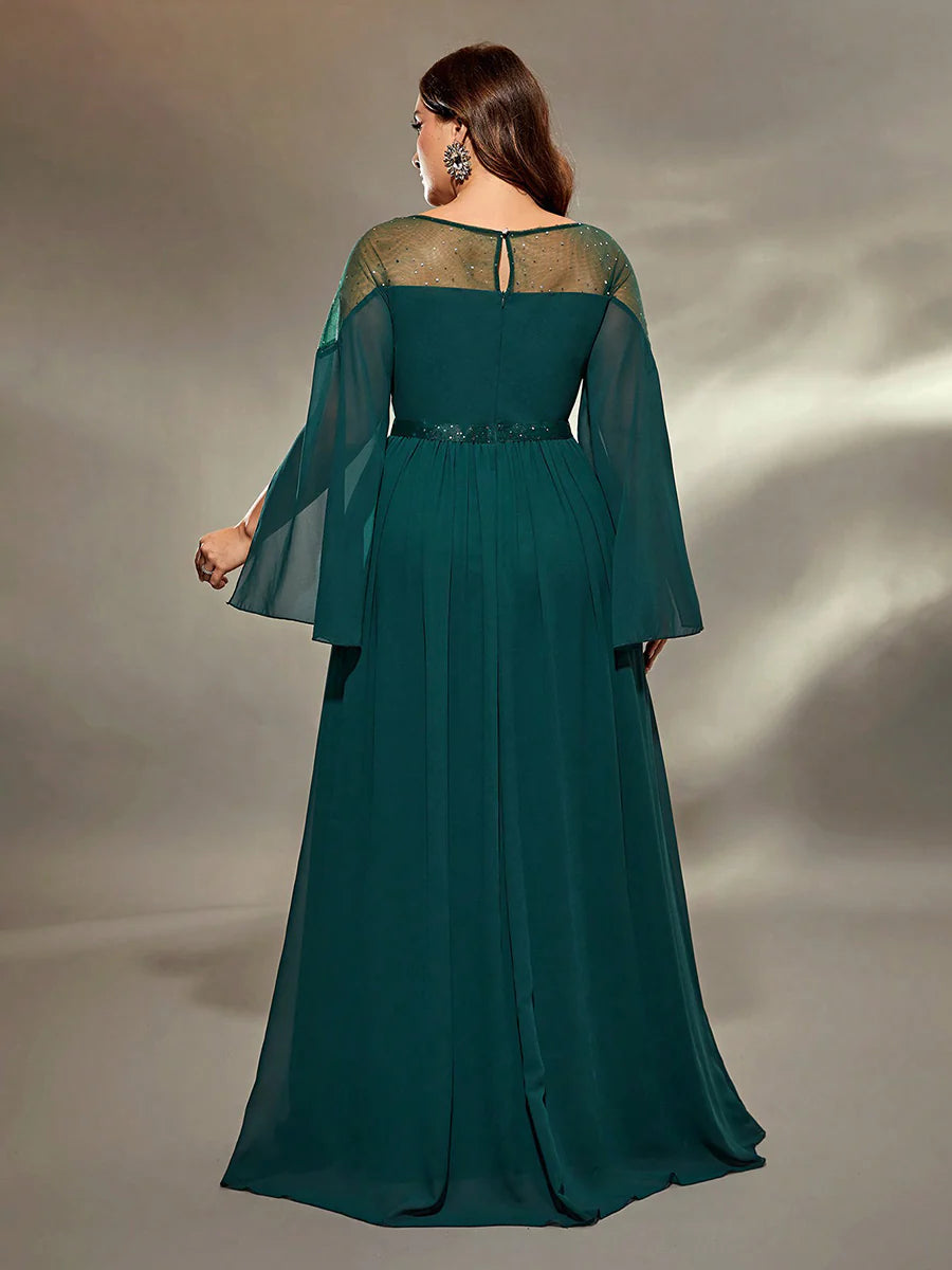 Elegant A-Line Round Neck Split Sleeve Keyhole Floor-Length Plus Size Prom Dress