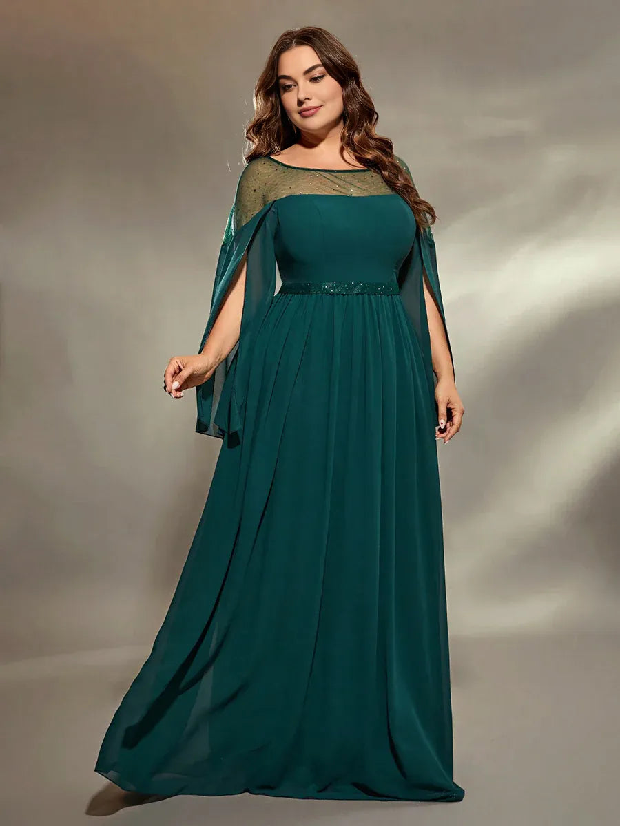 Elegant A-Line Round Neck Split Sleeve Keyhole Floor-Length Plus Size Prom Dress