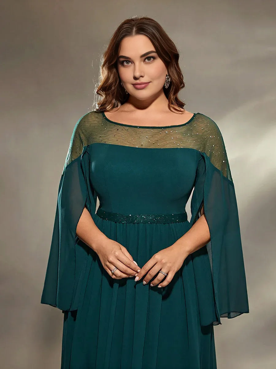 Elegant A-Line Round Neck Split Sleeve Keyhole Floor-Length Plus Size Prom Dress