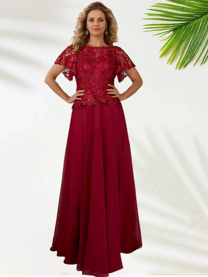 Elegant A-Line Scoop-neck Flare Sleeves Chiffon Floor-Length Mother of the Bride Dress