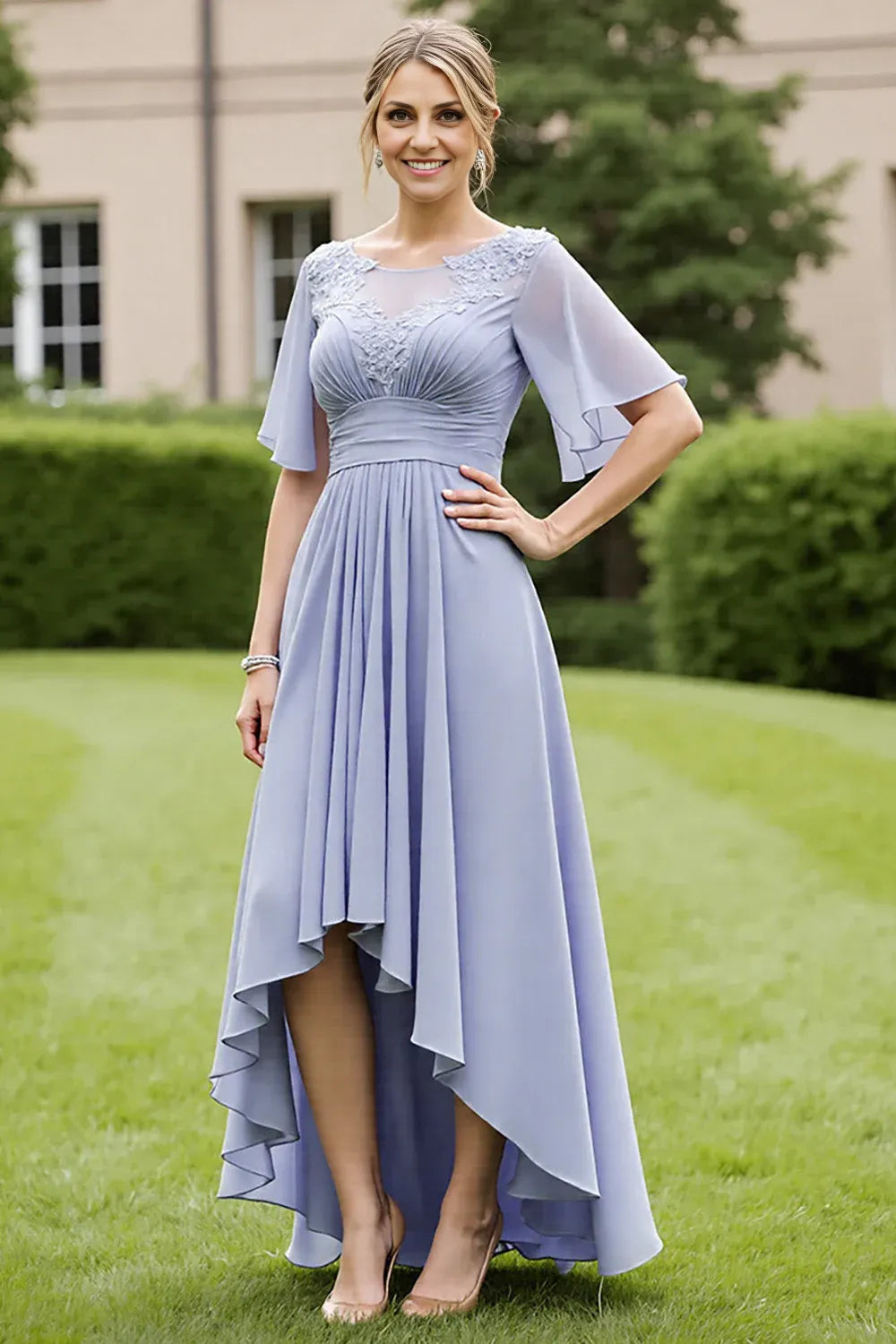 Elegant A-Line Scoop Neck Short Sleeve Zipper Up High-Low Hem Mother of the Bride Dress