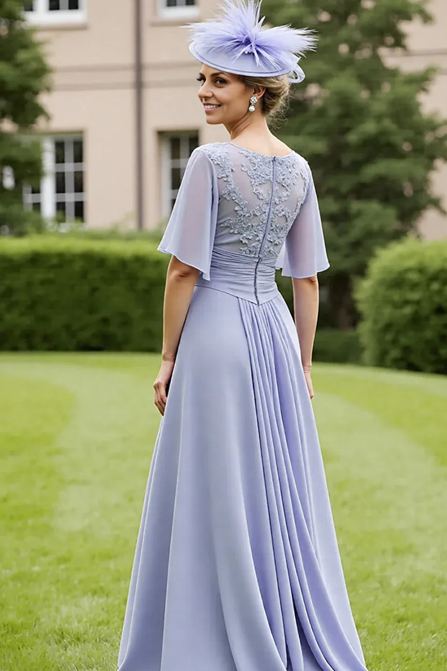 Elegant A-Line Scoop Neck Short Sleeve Zipper Up High-Low Hem Mother of the Bride Dress