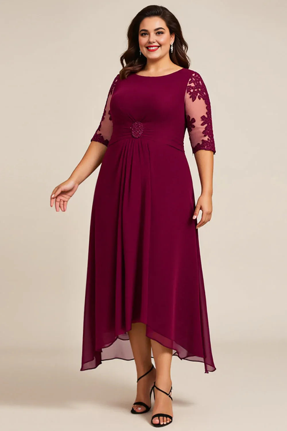 Elegant A-Line Scoop Neck Short Sleeves Sheer Back Ankle-Length Plus Size Mother of the Bride Dress