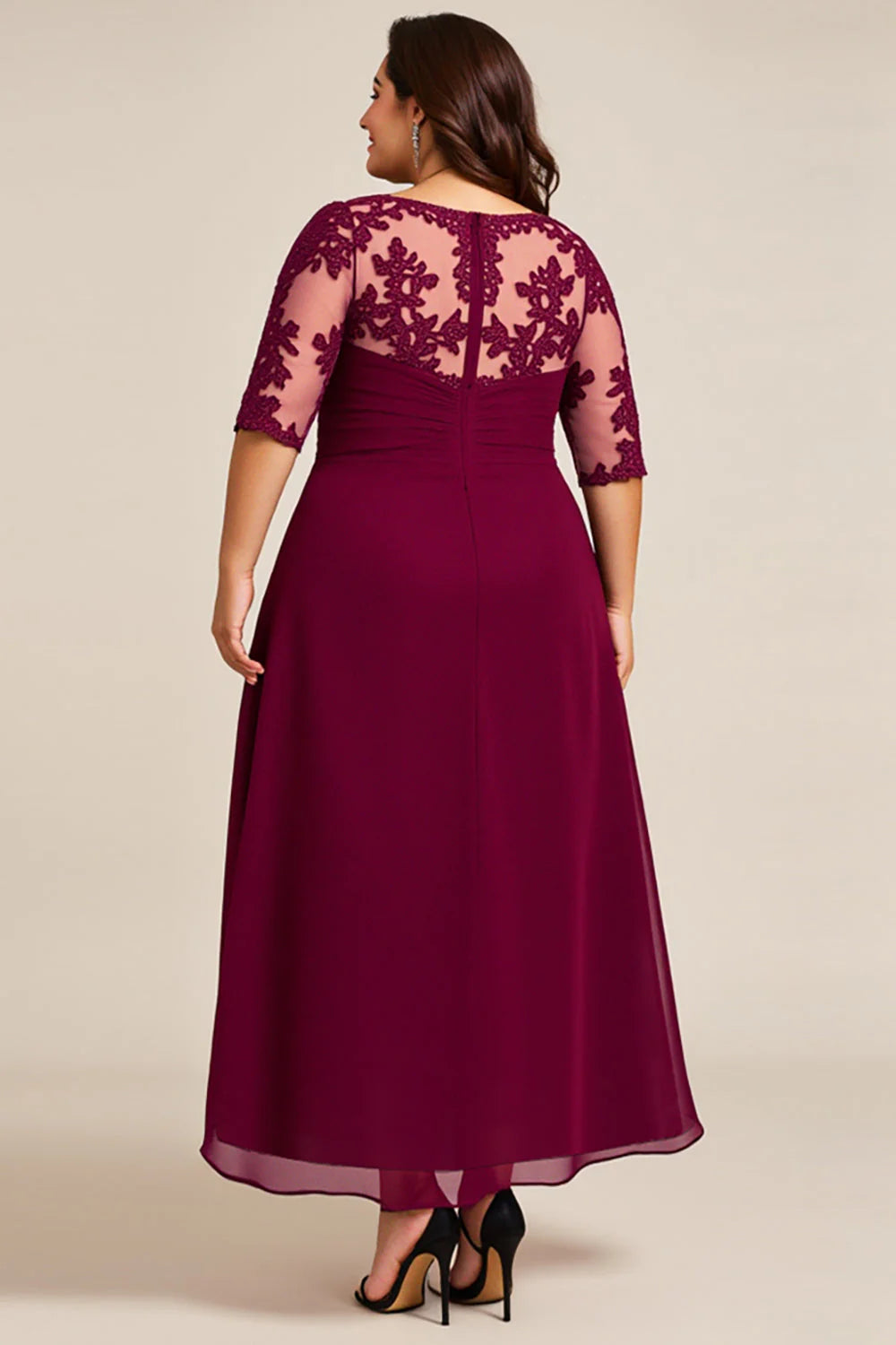 Elegant A-Line Scoop Neck Short Sleeves Sheer Back Ankle-Length Plus Size Mother of the Bride Dress