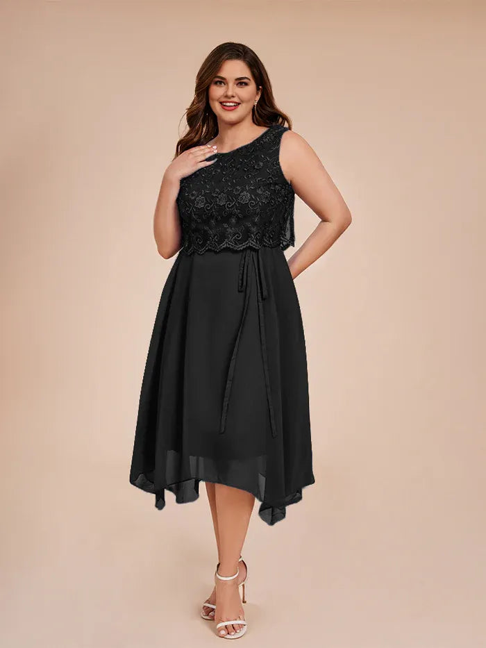 Elegant A-Line Scoop Neck Sleeveless Chiffon Tea Length Plus Size Mother of the Bride Dress