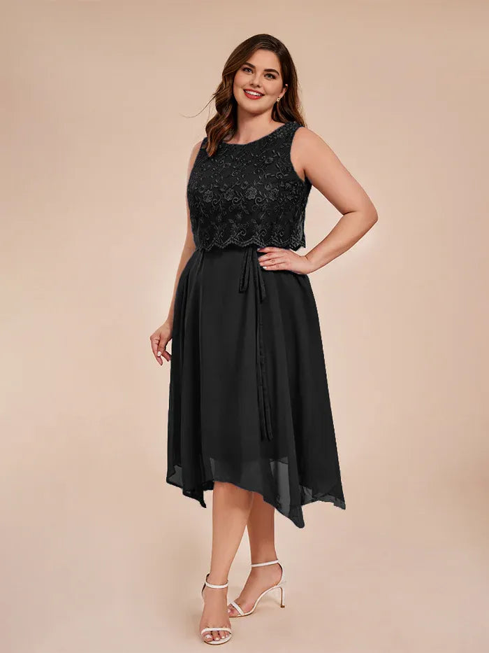 Elegant A-Line Scoop Neck Sleeveless Chiffon Tea Length Plus Size Mother of the Bride Dress