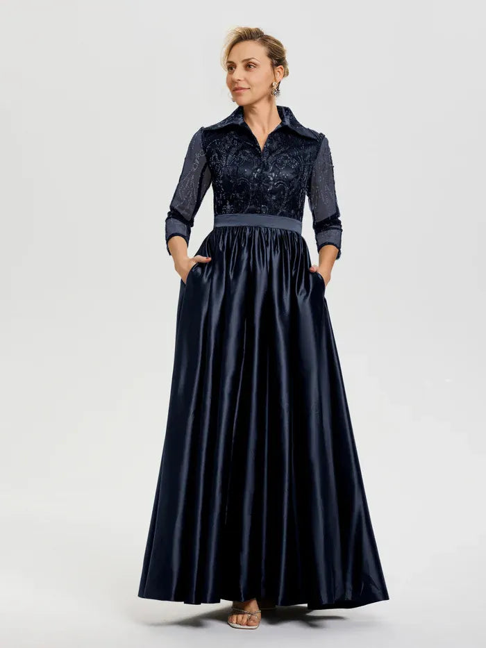 Elegant A-Line Shirt Collared 3/4 Sleeves Satin Floor-Length Mother of the Bride Dress