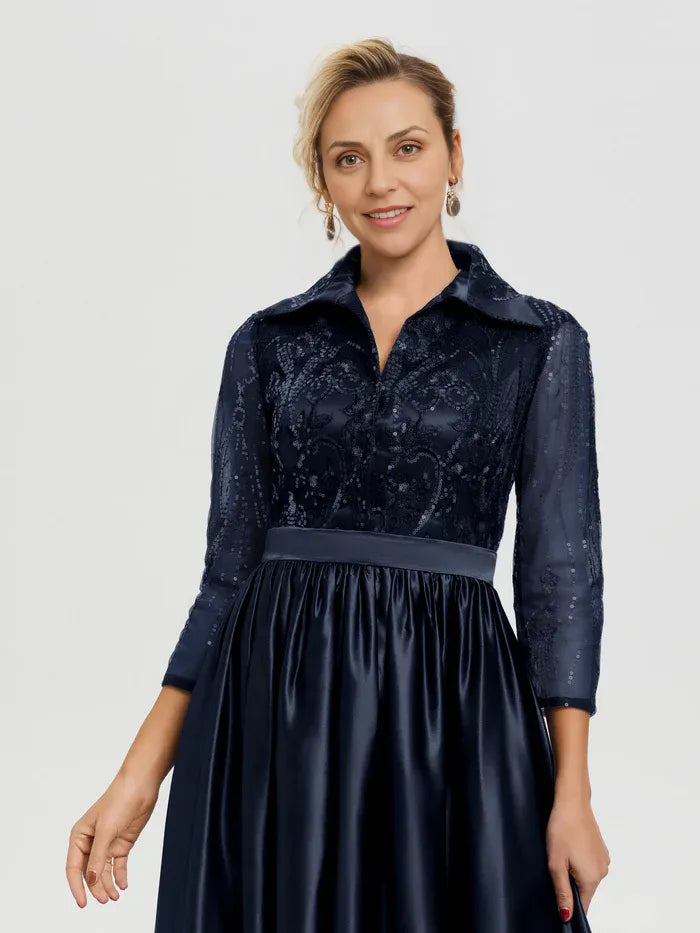 Elegant A-Line Shirt Collared 3/4 Sleeves Satin Floor-Length Mother of the Bride Dress