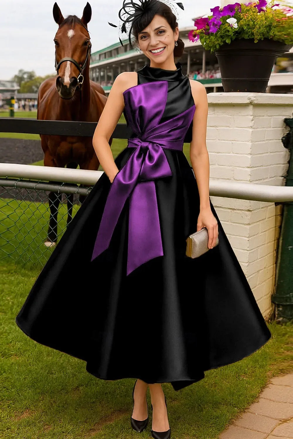 Elegant A-Line Sleeveless High Neck Satin Bow(s) Ankle-Length Mother of the Bride Dress