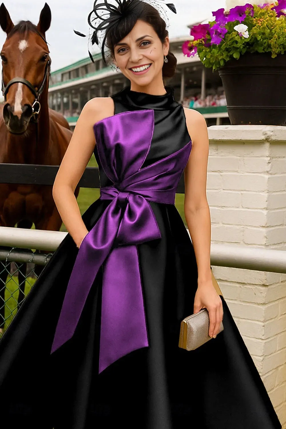Elegant A-Line Sleeveless High Neck Satin Bow(s) Ankle-Length Mother of the Bride Dress