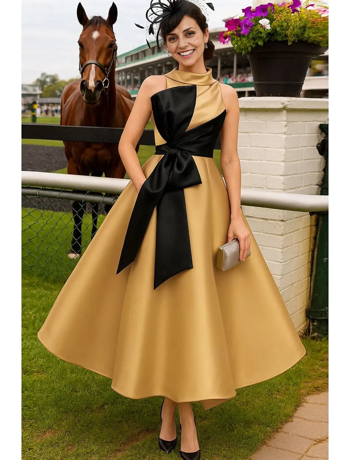Elegant A-Line Sleeveless High Neck Satin Bow(s) Ankle-Length Mother of the Bride Dress