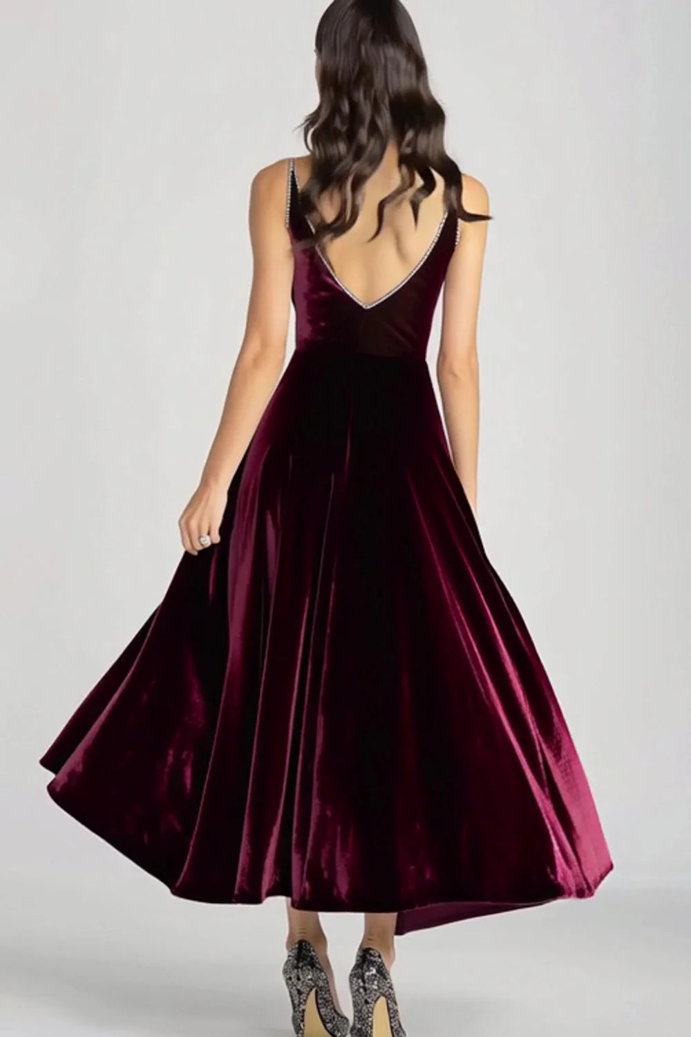 Elegant A-Line Spaghetti Straps Sleeveless Velvet Ankle-Length Evening Dress