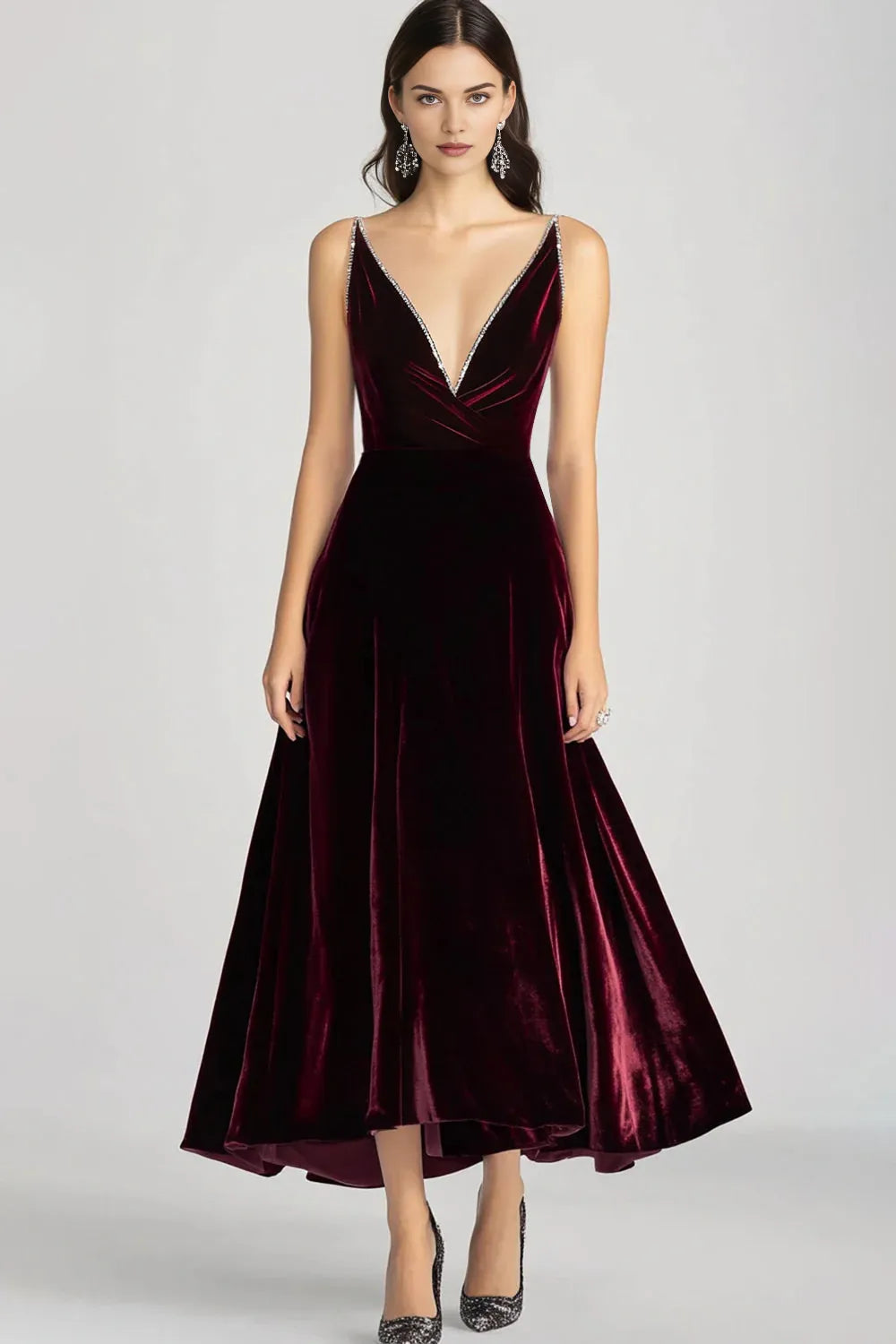 Elegant A-Line Spaghetti Straps Sleeveless Velvet Ankle-Length Evening Dress