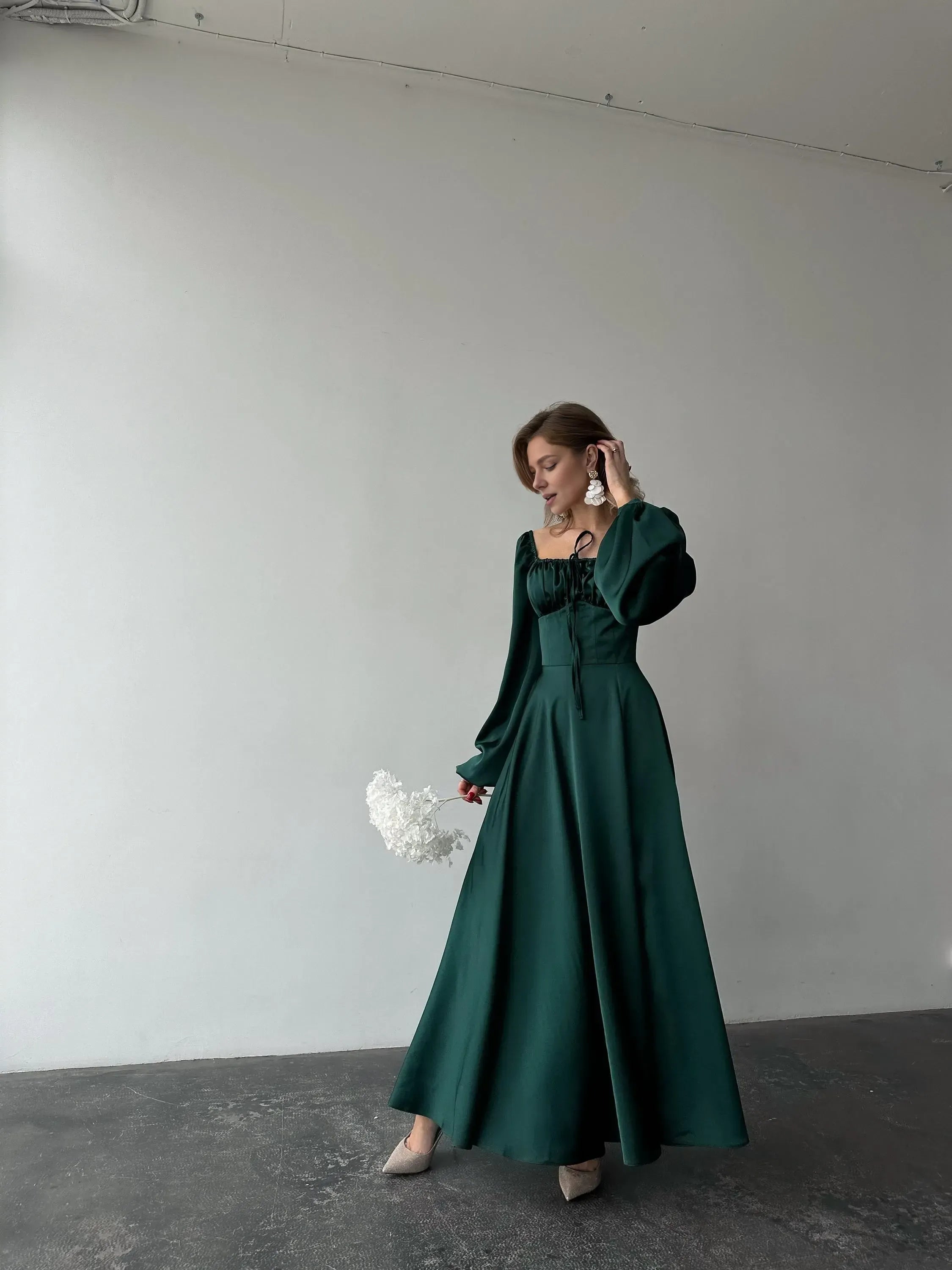 Elegant A-Line Square Neck Bishop Sleeve Pleated Satin Floor-Length Prom Dress