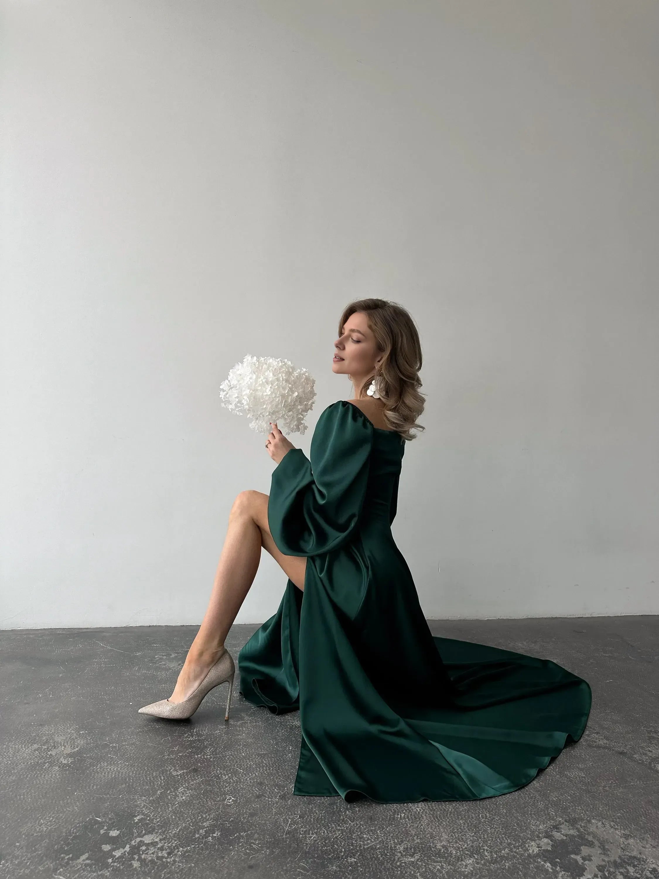 Elegant A-Line Square Neck Bishop Sleeve Pleated Satin Floor-Length Prom Dress