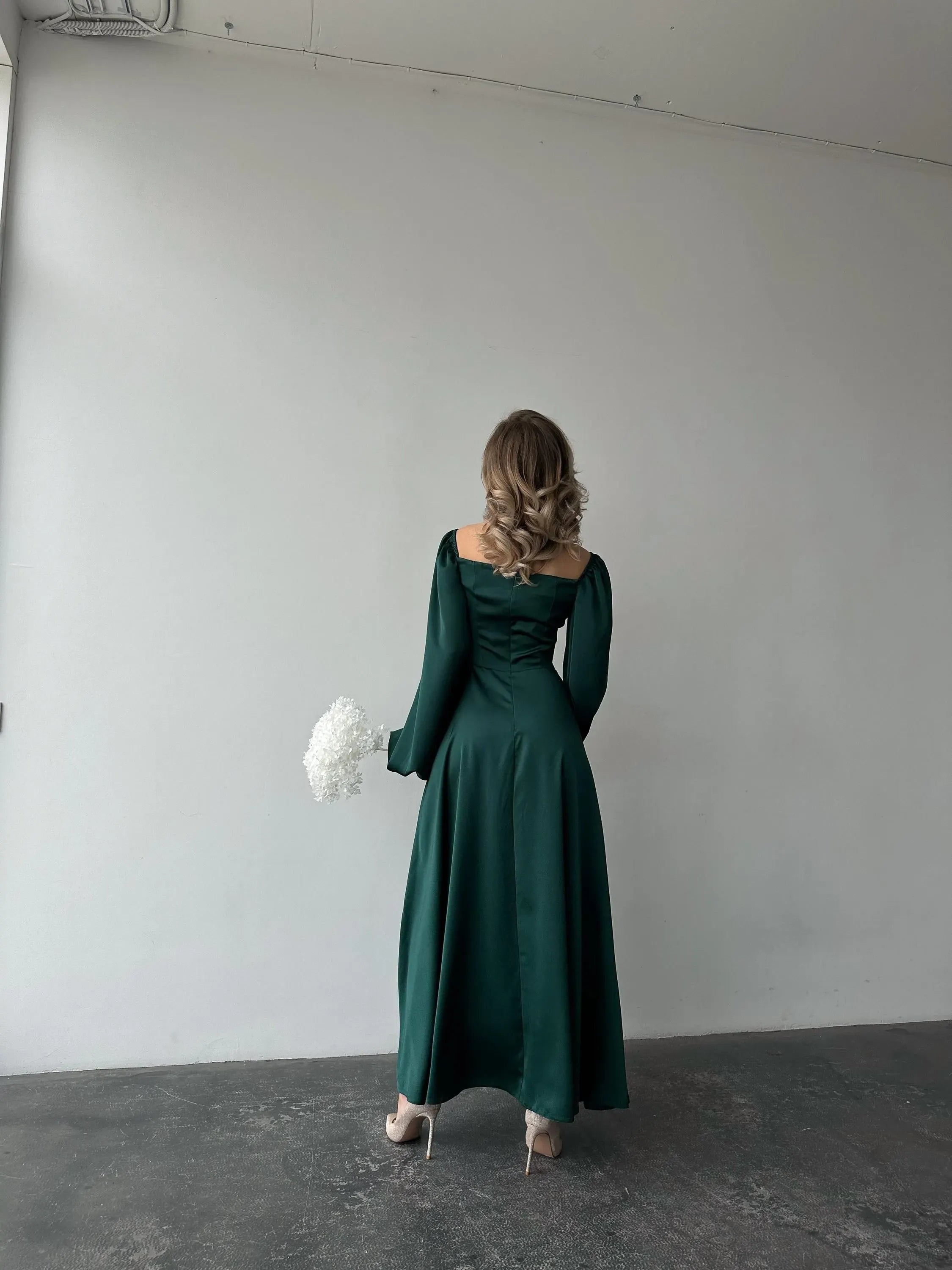 Elegant A-Line Square Neck Bishop Sleeve Pleated Satin Floor-Length Prom Dress