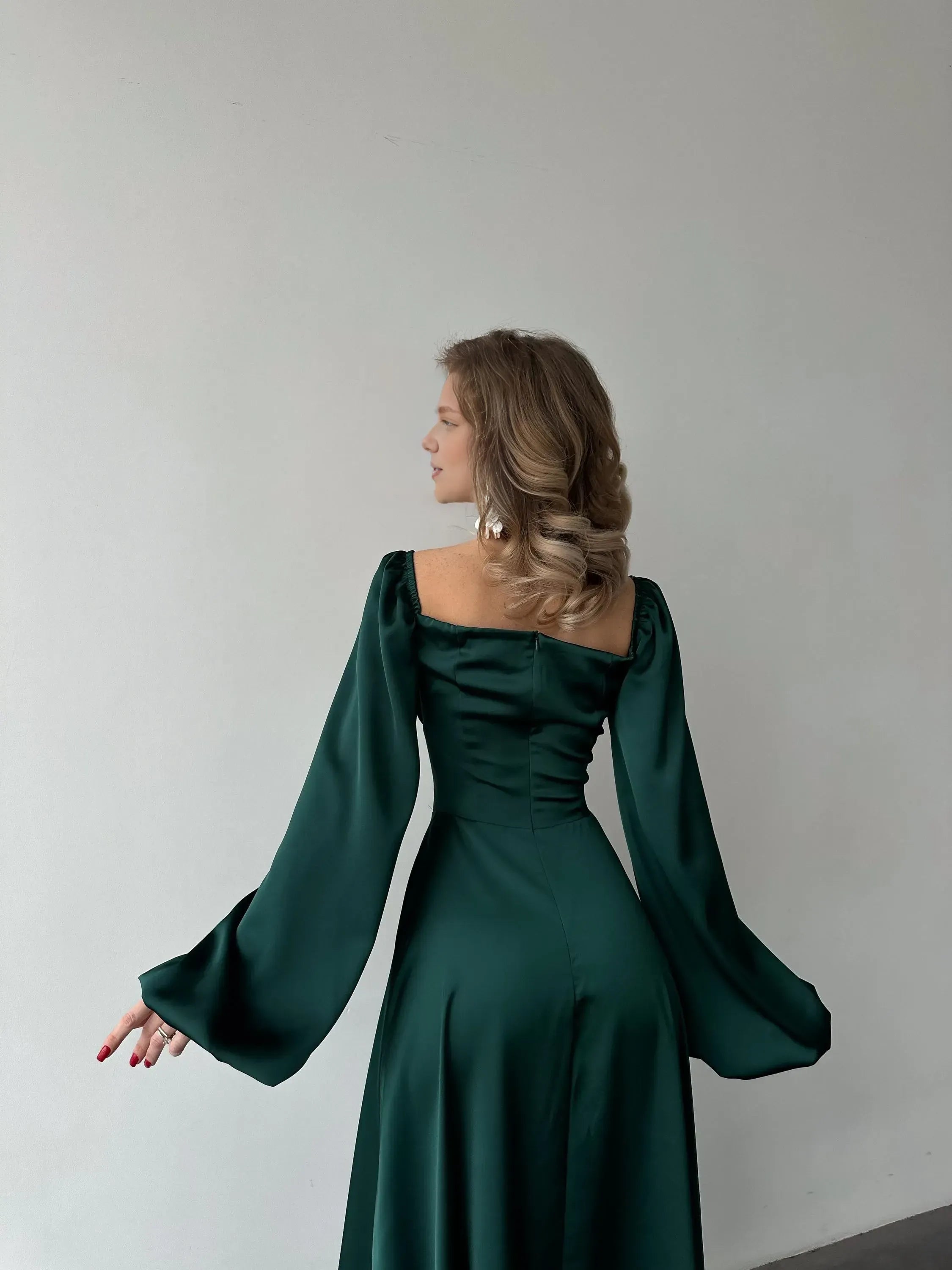 Elegant A-Line Square Neck Bishop Sleeve Pleated Satin Floor-Length Prom Dress