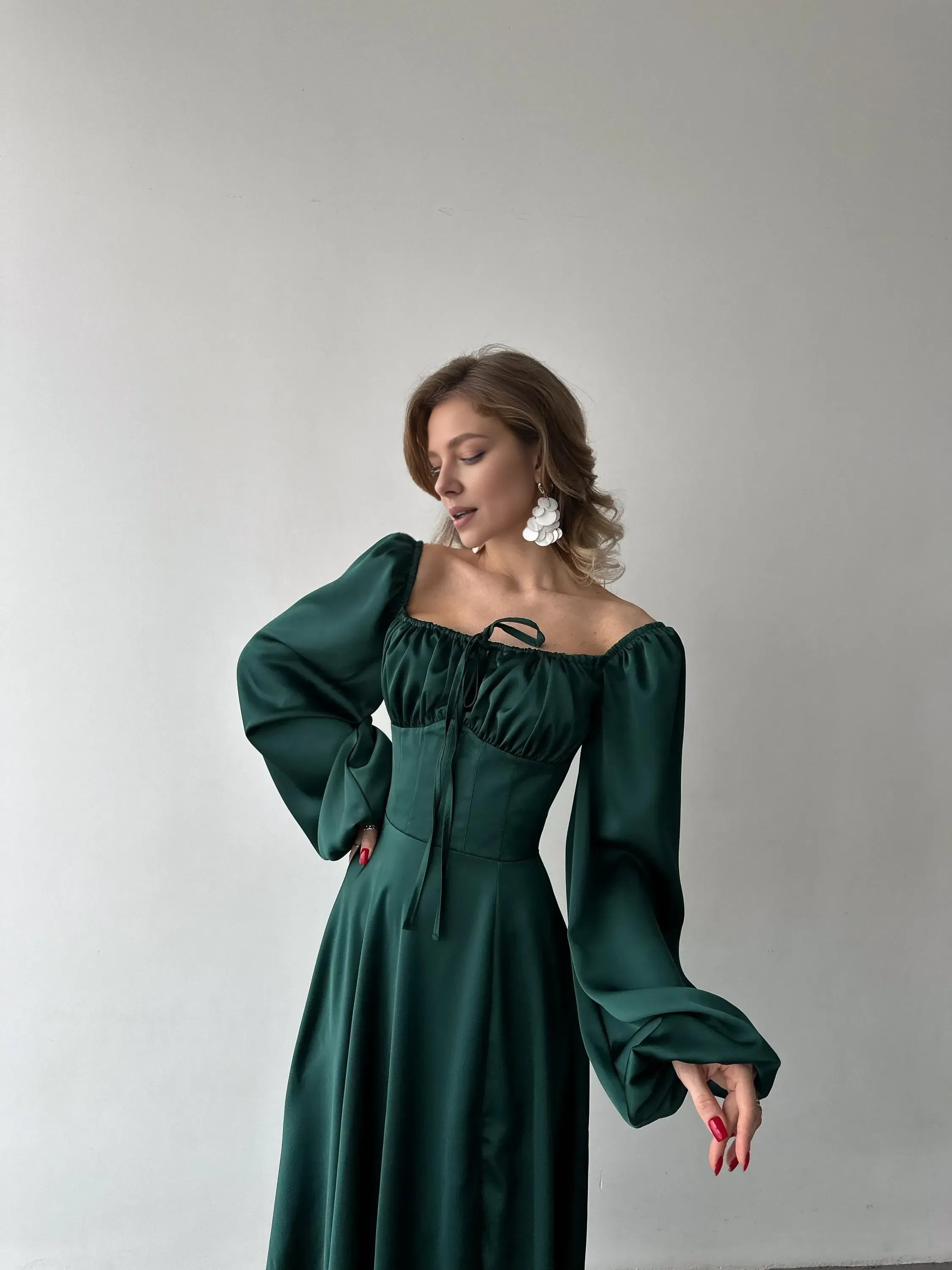 Elegant A-Line Square Neck Bishop Sleeve Pleated Satin Floor-Length Prom Dress