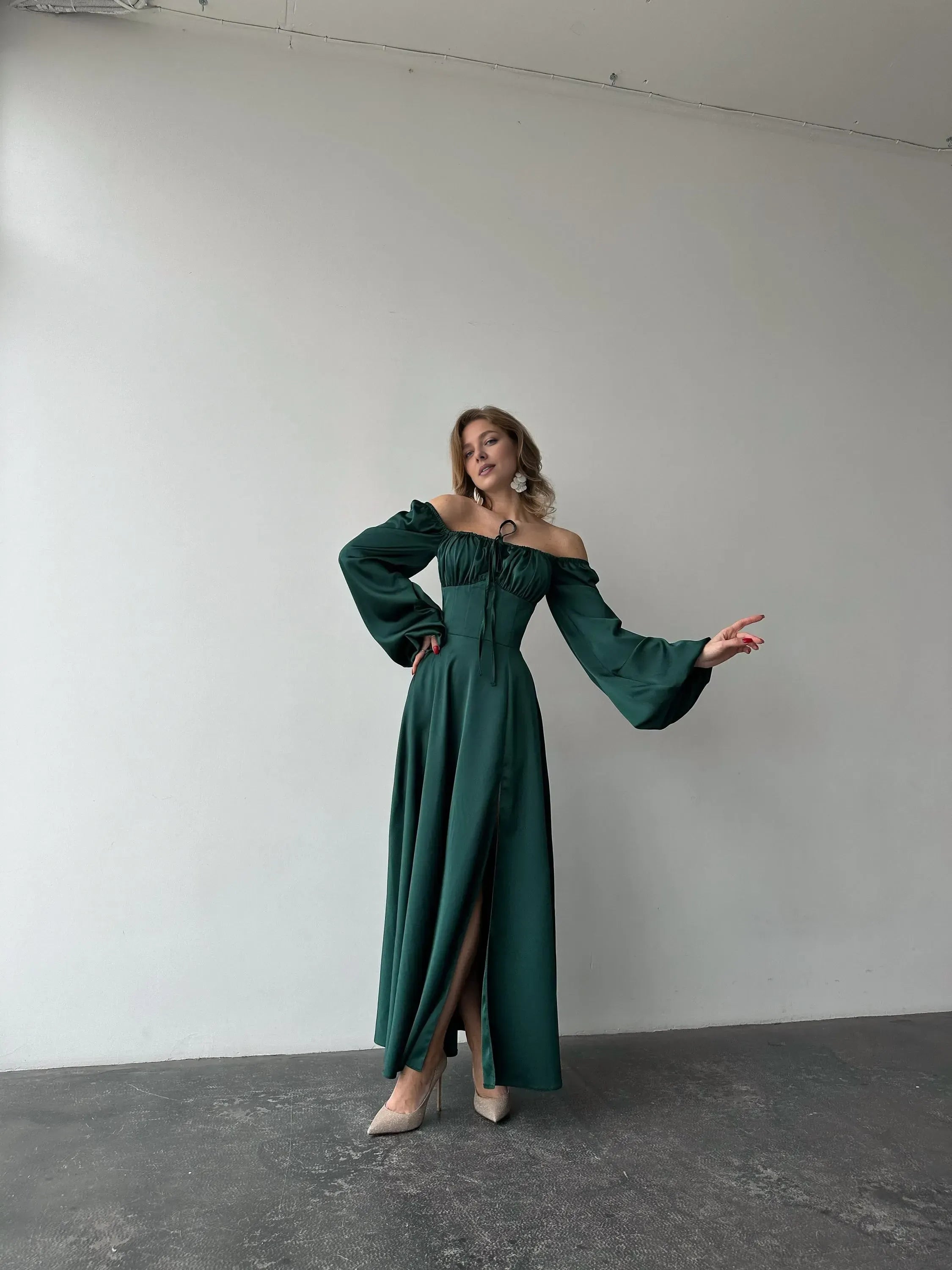 Elegant A-Line Square Neck Bishop Sleeve Pleated Satin Floor-Length Prom Dress