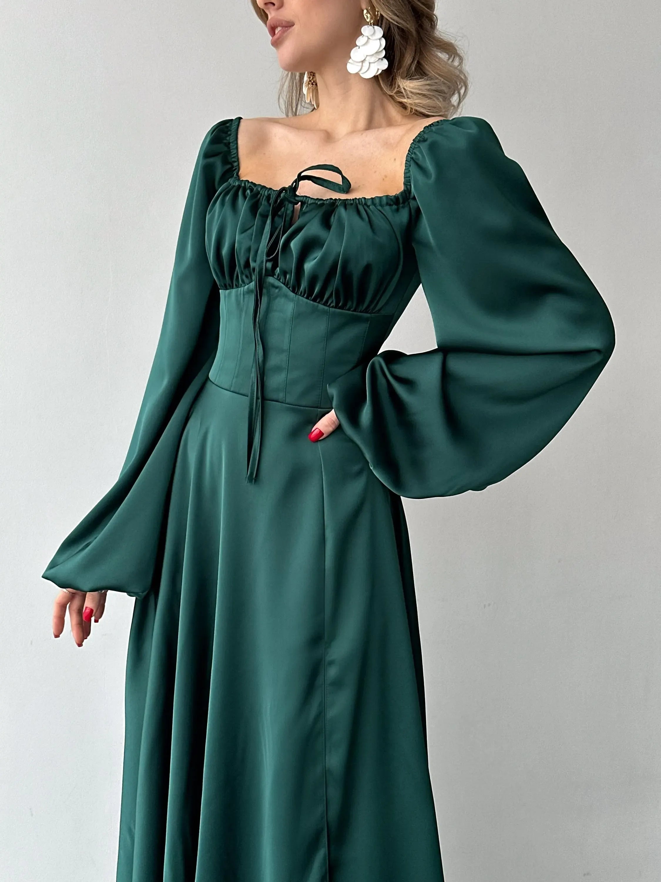 Elegant A-Line Square Neck Bishop Sleeve Pleated Satin Floor-Length Prom Dress