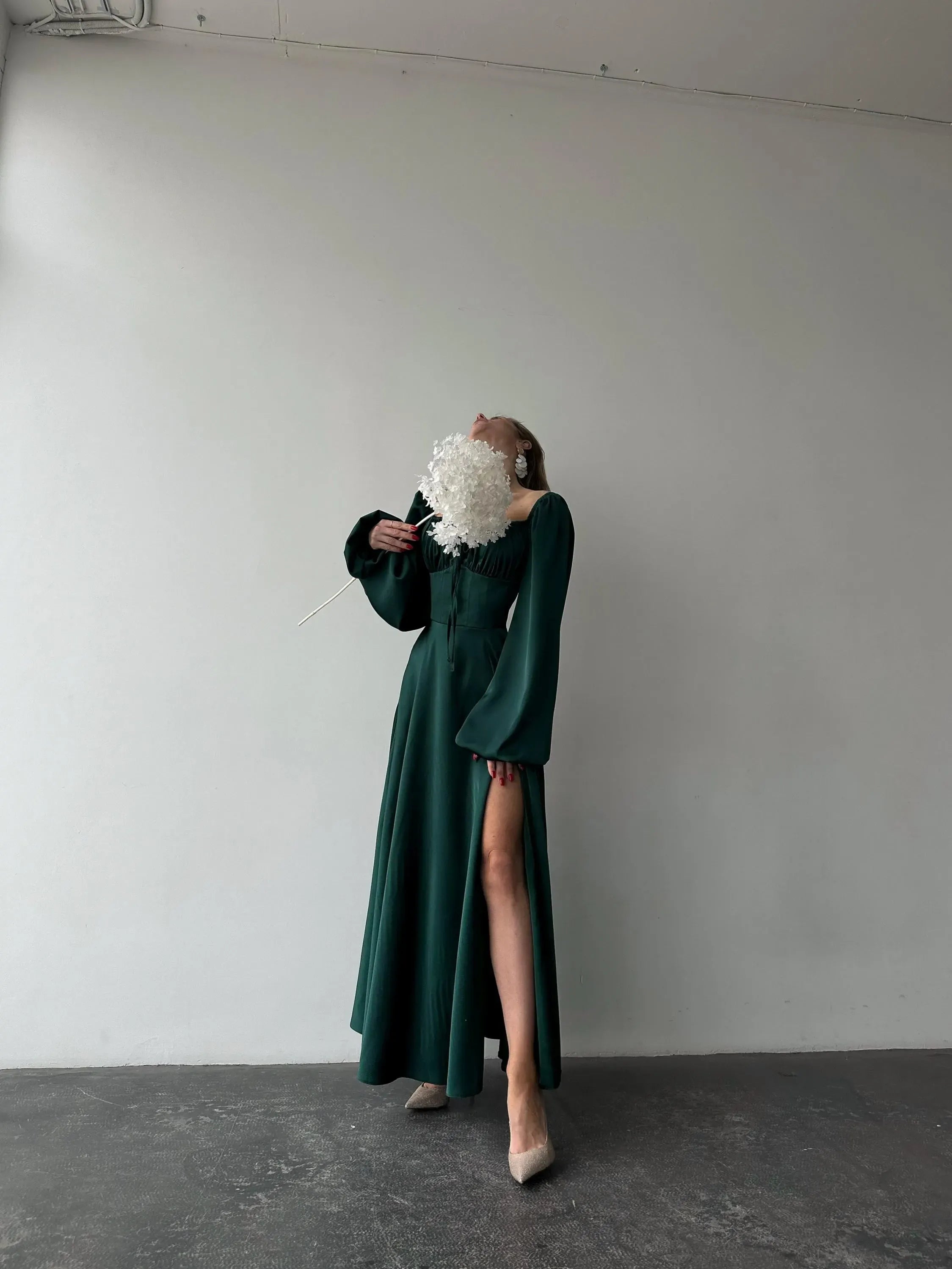 Elegant A-Line Square Neck Bishop Sleeve Pleated Satin Floor-Length Prom Dress